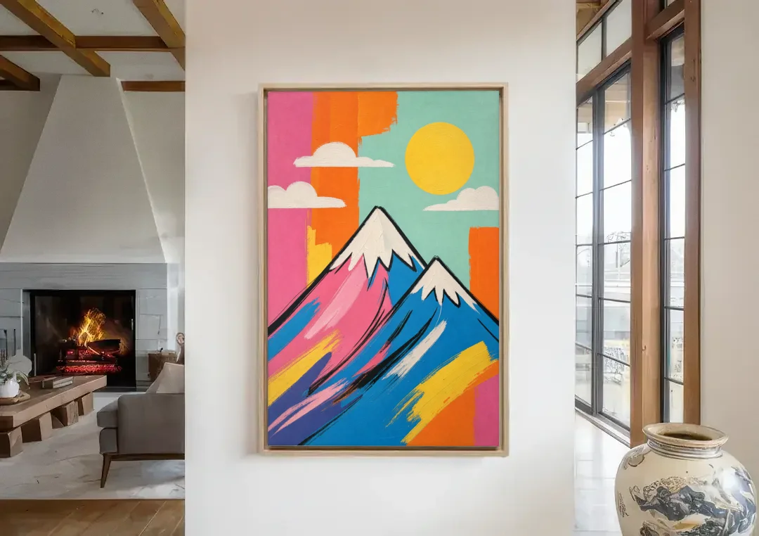 Pop Art Mountain in Pink and Blue canvas wall art in a living room with a fireplace