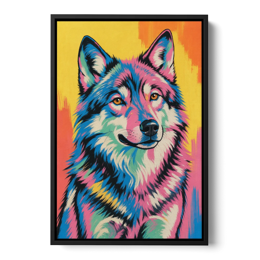 Pop Art Wolf with Amber Eyes - Black Framed Canvas Wall Art - Front