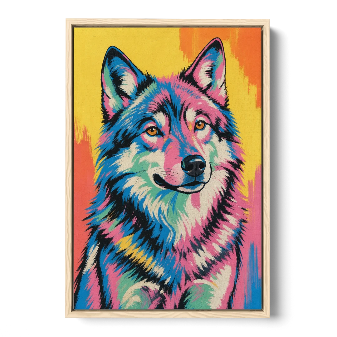 Pop Art Wolf with Amber Eyes - Oak Framed Canvas Wall Art - Front