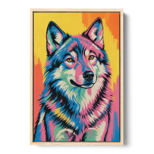 Pop Art Wolf with Amber Eyes - Oak Framed Canvas Wall Art - Front