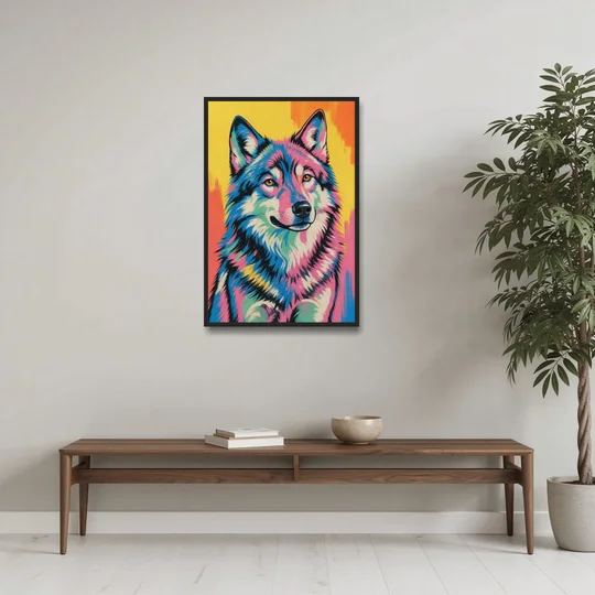 Pop Art Wolf with Amber Eyes - Black Framed Canvas Wall Art - Coffee Table - 24x36