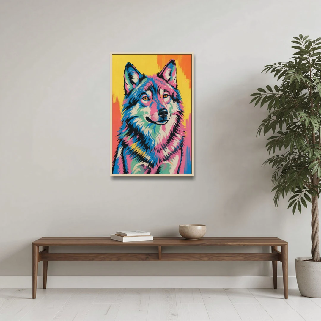 Pop Art Wolf with Amber Eyes - Oak Framed Canvas Wall Art - Coffee Table - 24x36