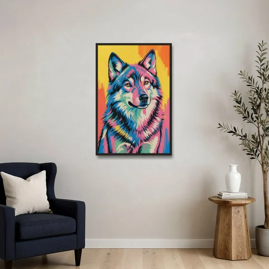 Pop Art Wolf with Amber Eyes - Black Framed Canvas Wall Art - Sofa - 24x36