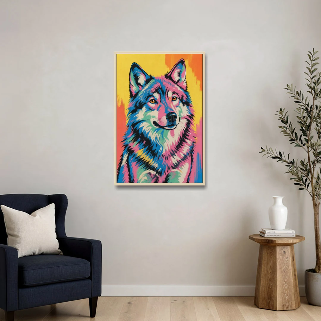 Pop Art Wolf with Amber Eyes - Oak Framed Canvas Wall Art - Sofa - 24x36