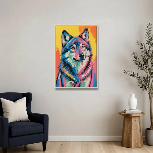Pop Art Wolf with Amber Eyes - Oak Framed Canvas Wall Art - Sofa - 24x36