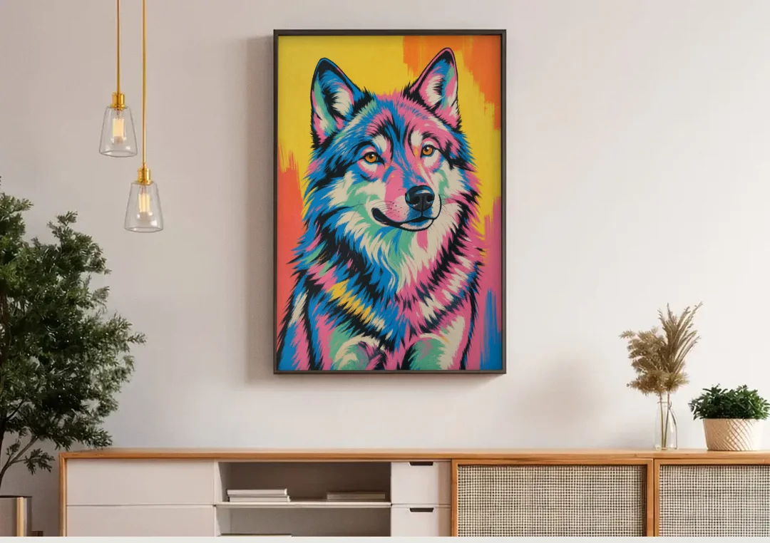 Pop Art Wolf with Amber Eyes canvas wall art above a wooden sideboard under pendant lights