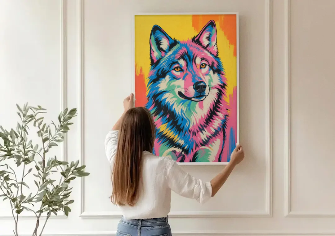 Pop Art Wolf with Amber Eyes canvas wall art being hung on a paneled wall