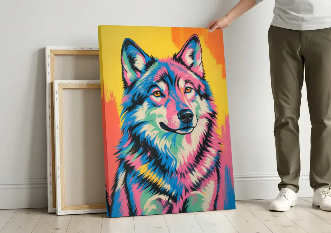 Pop Art Wolf with Amber Eyes canvas wall art leaning against a wall next to blank canvases