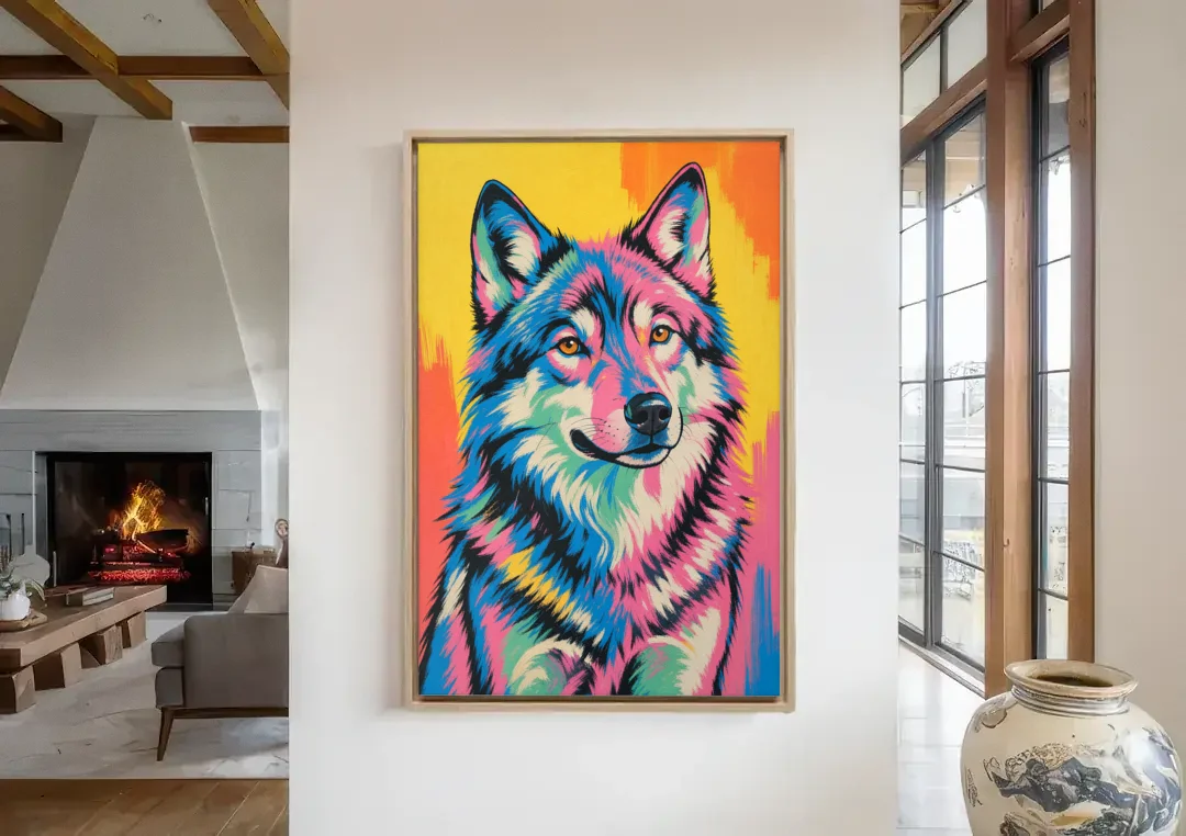 Pop Art Wolf with Amber Eyes canvas wall art in a living room with a fireplace