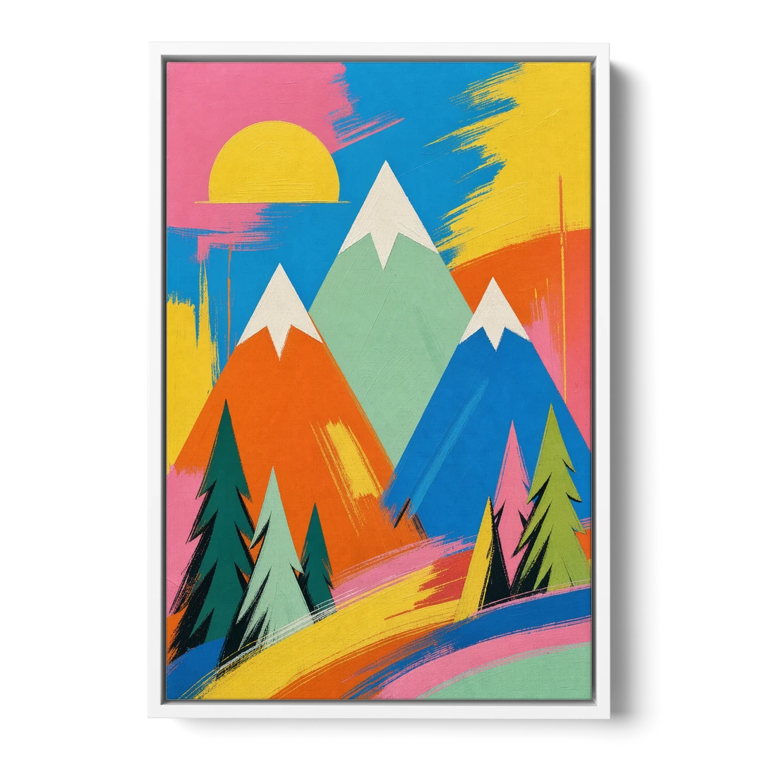 Mid Century Modern Pop Color Peaks and Pines - White Framed Canvas Wall Art - Front