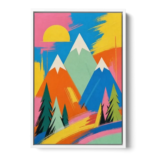 Mid Century Modern Pop Color Peaks and Pines - White Framed Canvas Wall Art - Front