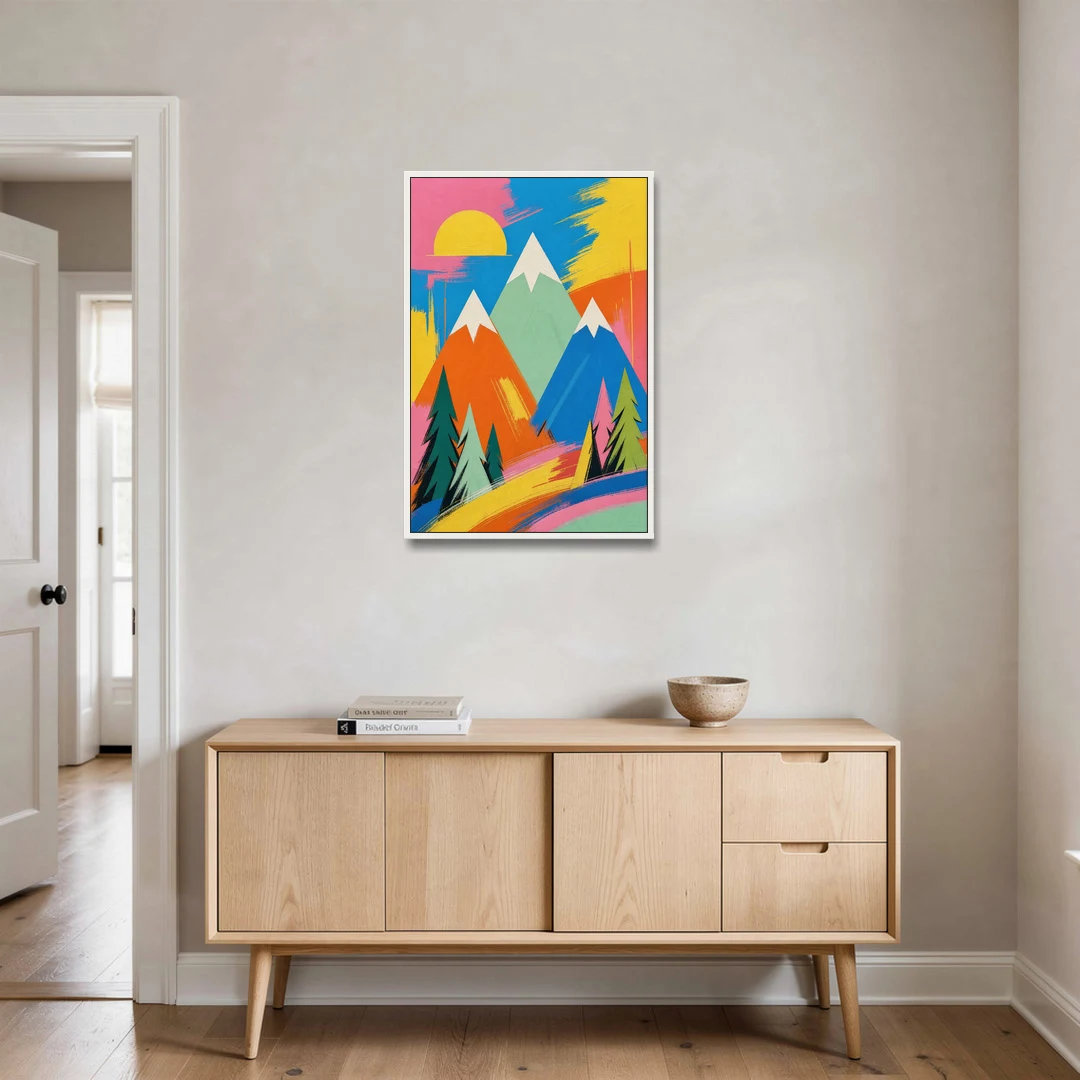 Mid Century Modern Pop Color Peaks and Pines - White Framed Canvas Wall Art - Coffee Table - 24x36