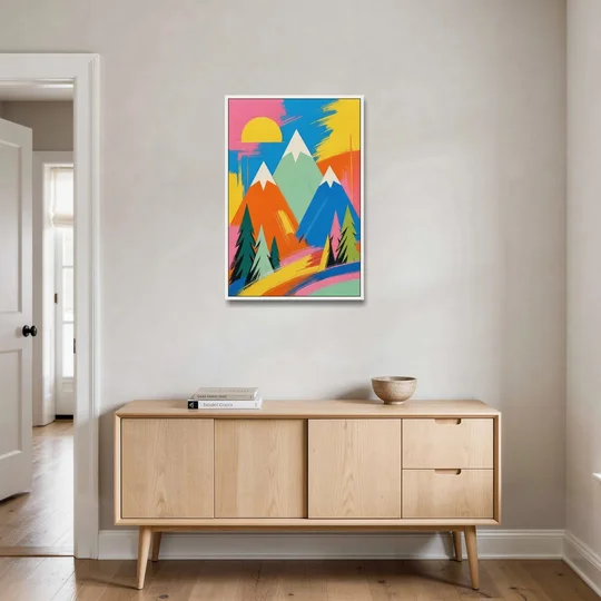 Mid Century Modern Pop Color Peaks and Pines - White Framed Canvas Wall Art - Coffee Table - 24x36