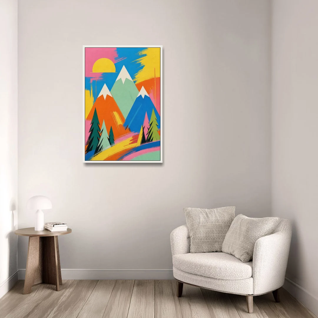 Mid Century Modern Pop Color Peaks and Pines - White Framed Canvas Wall Art - Sofa - 24x36