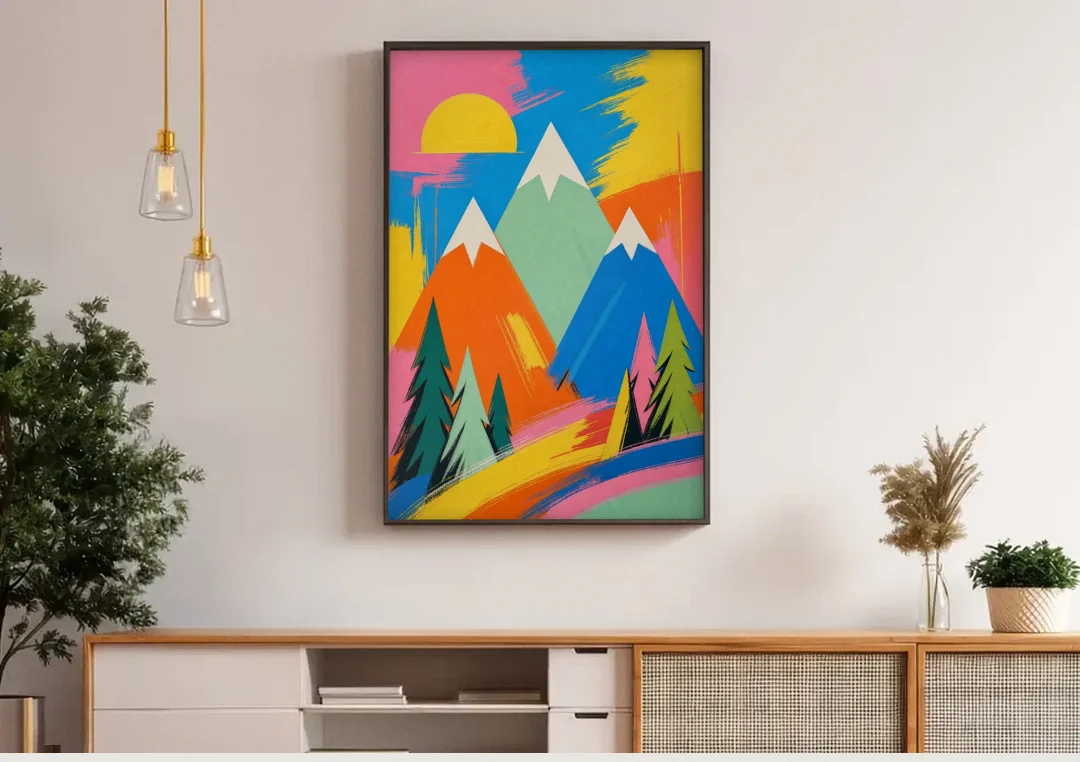 Mid Century Modern Pop Color Peaks and Pines canvas wall art above a wooden sideboard under pendant lights
