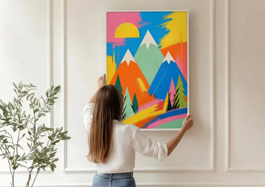 Mid Century Modern Pop Color Peaks and Pines canvas wall art being hung on a paneled wall