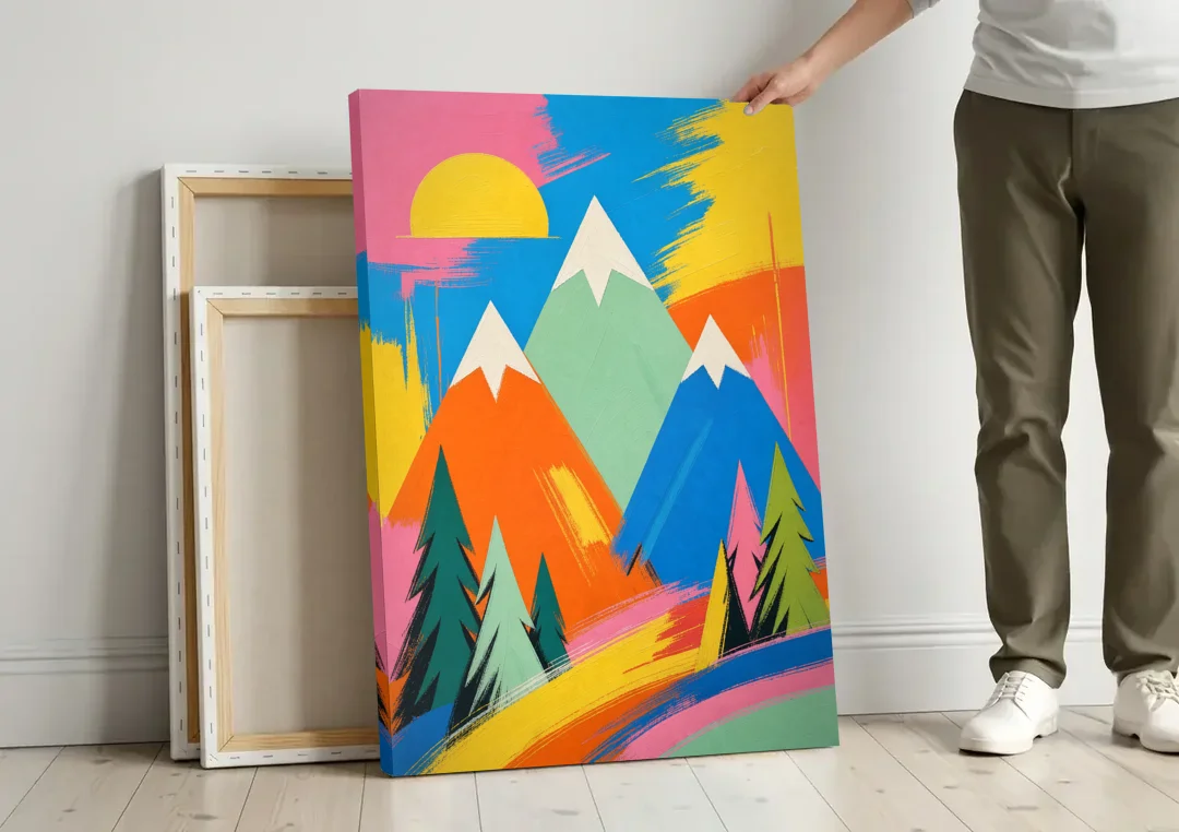Mid Century Modern Pop Color Peaks and Pines canvas wall art leaning against a wall next to blank canvases