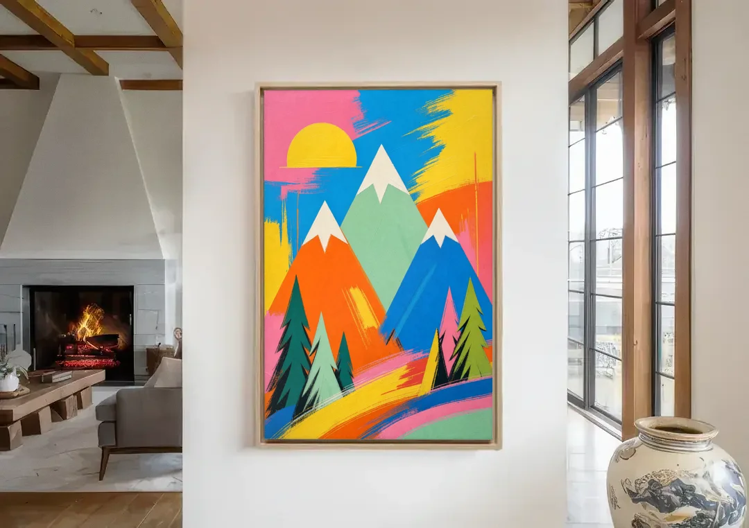 Mid Century Modern Pop Color Peaks and Pines canvas wall art in a living room with a fireplace