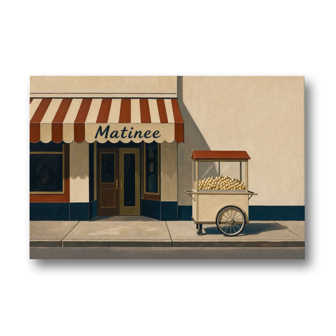 Popcorn Cart Under a Striped Matinee Awning - Canvas Wall Art - Front