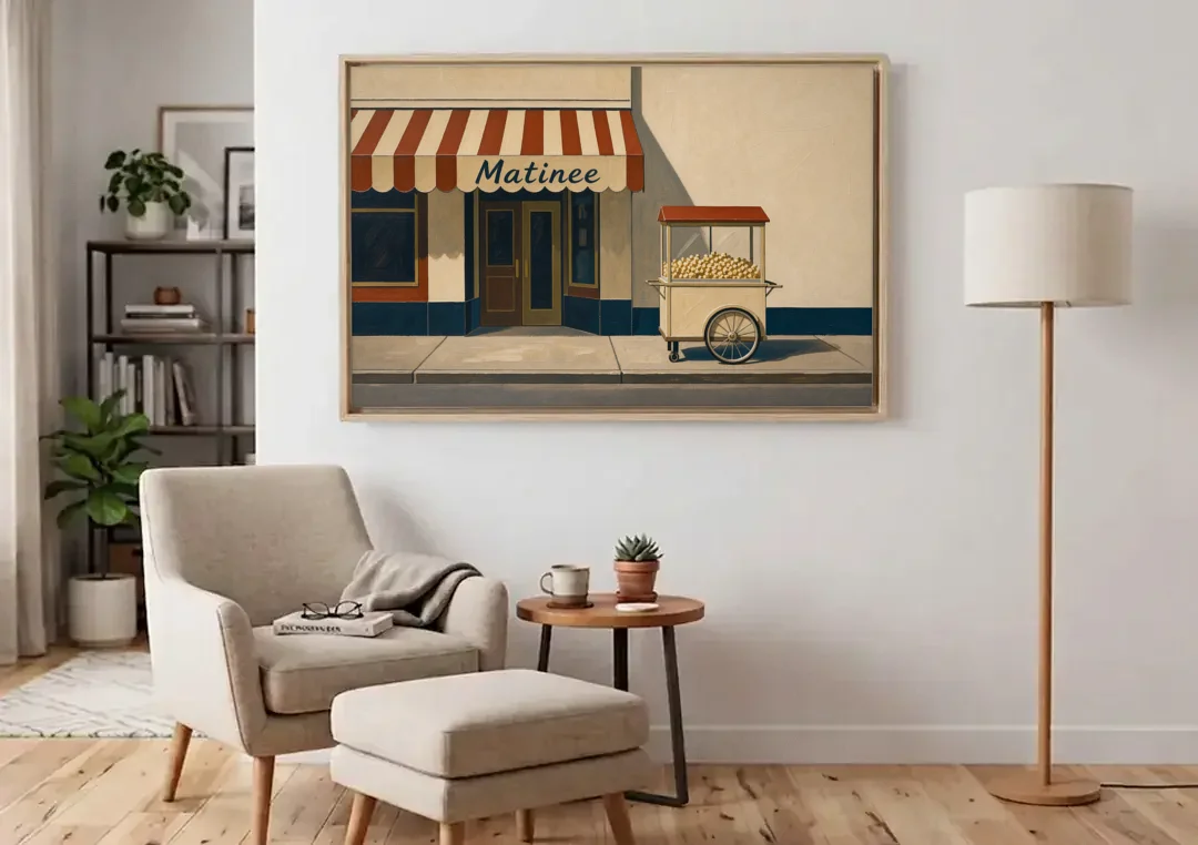 Popcorn Cart Under a Striped Matinee Awning canvas wall art above an armchair in a bright living room