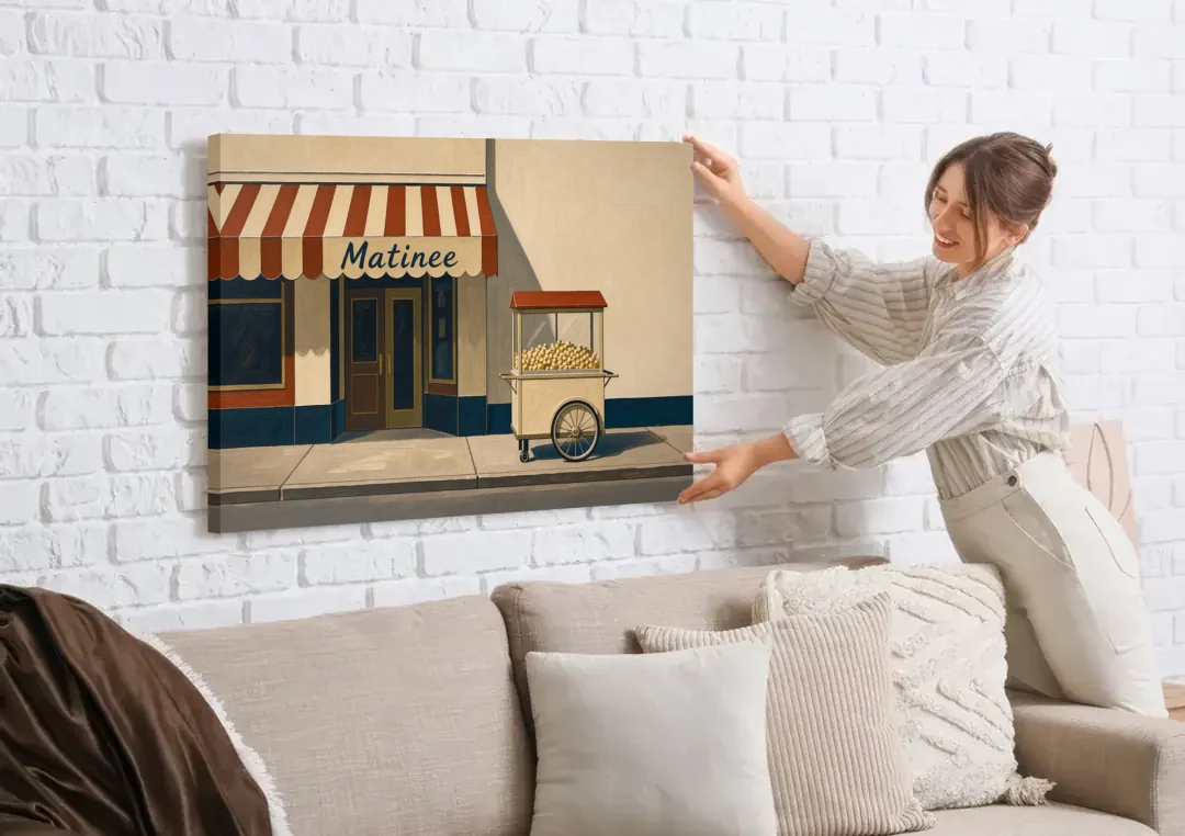 Popcorn Cart Under a Striped Matinee Awning canvas wall art being hung on a white brick wall above a sofa