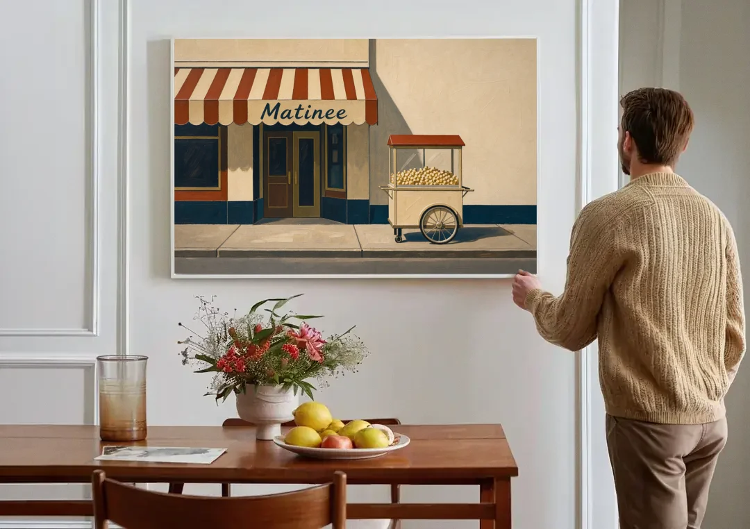 Popcorn Cart Under a Striped Matinee Awning canvas wall art above a dining table