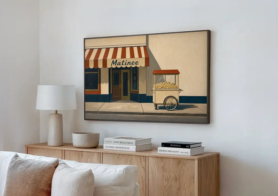 Popcorn Cart Under a Striped Matinee Awning canvas wall art above a wooden sideboard next to a sofa