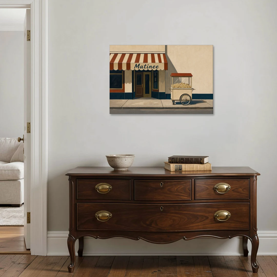 Popcorn Cart Under a Striped Matinee Awning - Canvas Wall Art - Coffee Table - 36x24