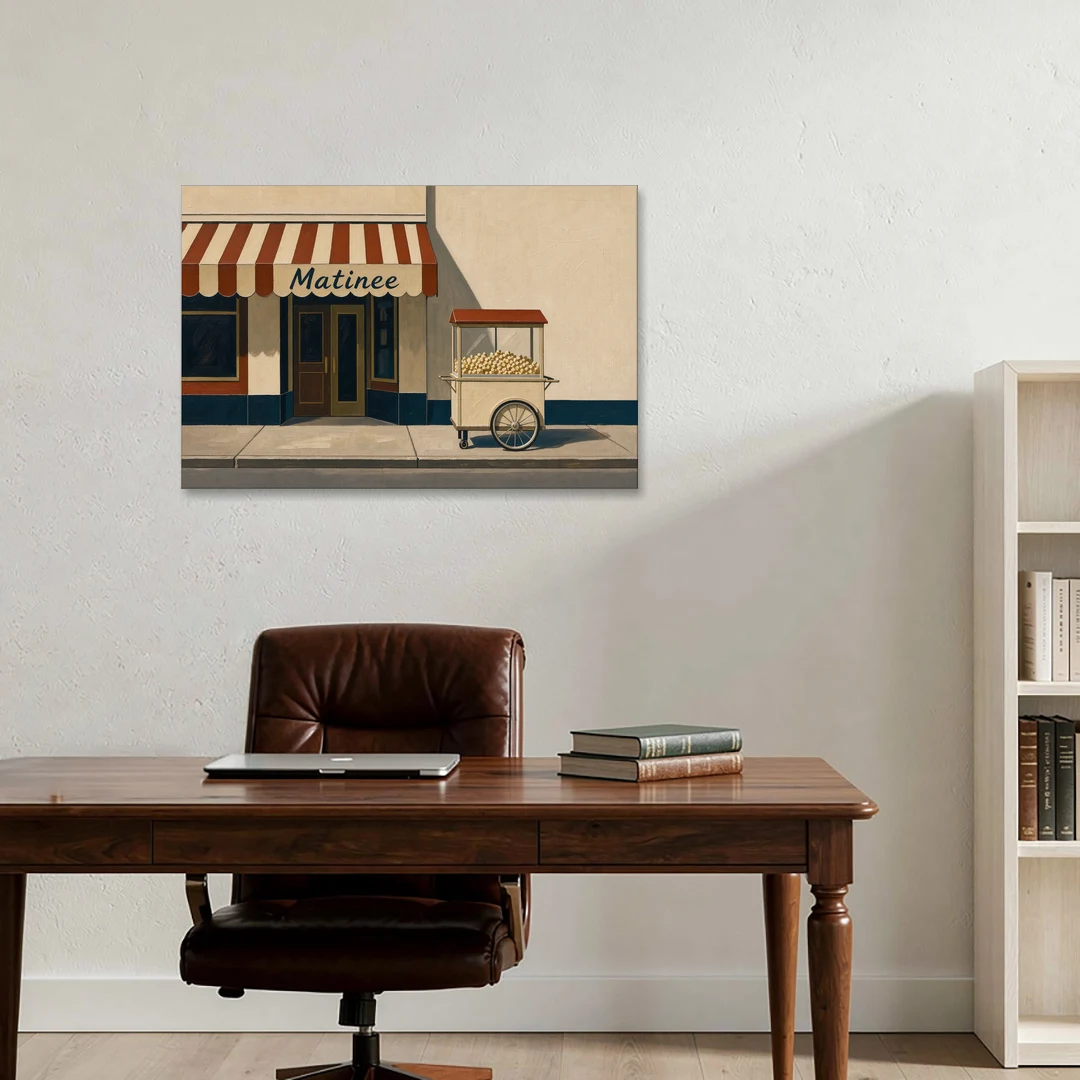 Popcorn Cart Under a Striped Matinee Awning - Canvas Wall Art - Office - 36x24