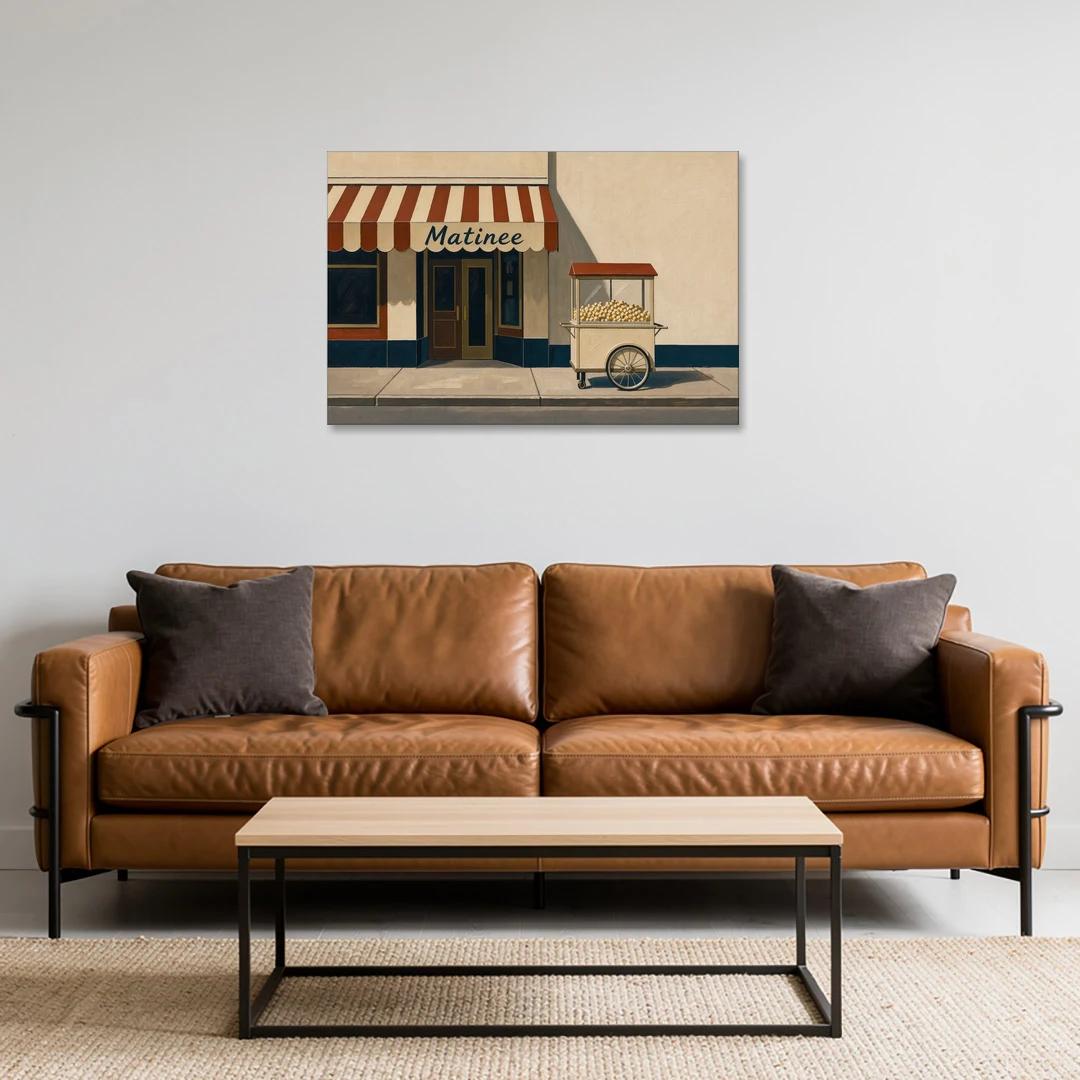 Popcorn Cart Under a Striped Matinee Awning - Canvas Wall Art - Sofa - 36x24