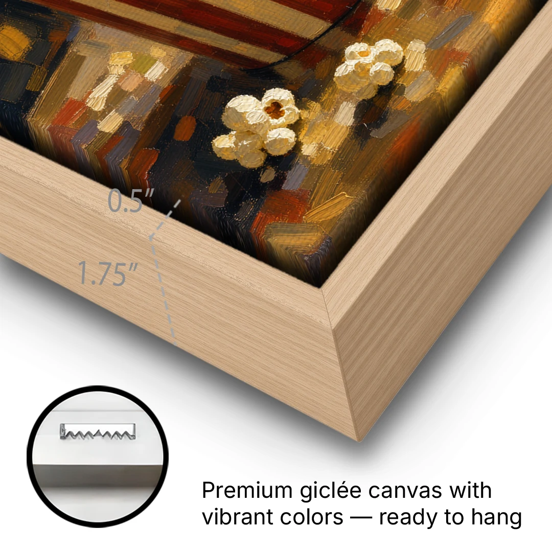 Popcorn Painting of a Striped Bucket Spilling Over - Oak Framed Canvas Wall Art - Gallery Wrap Corner