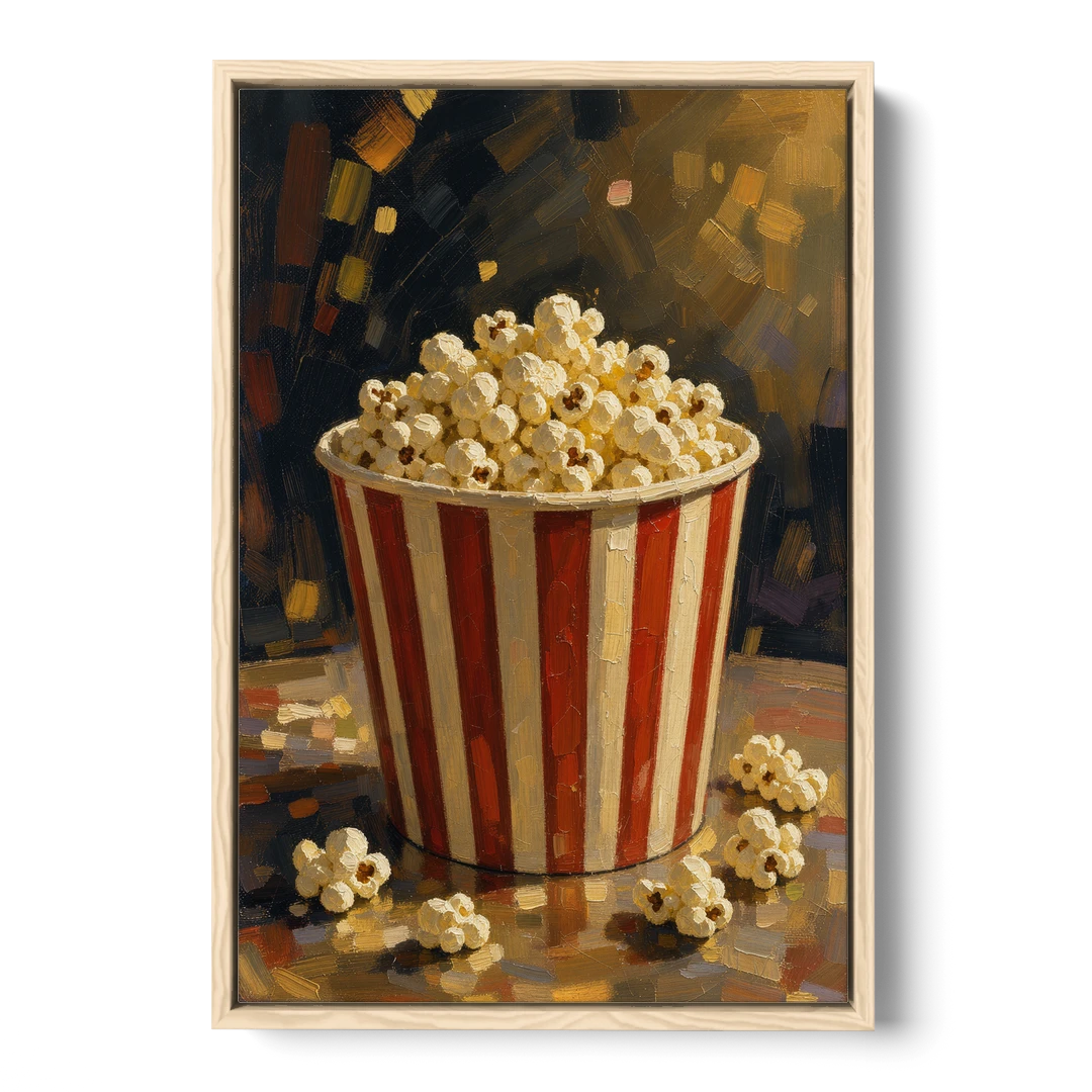Popcorn Painting of a Striped Bucket Spilling Over - Oak Framed Canvas Wall Art - Front