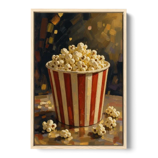 Popcorn Painting of a Striped Bucket Spilling Over - Oak Framed Canvas Wall Art - Front