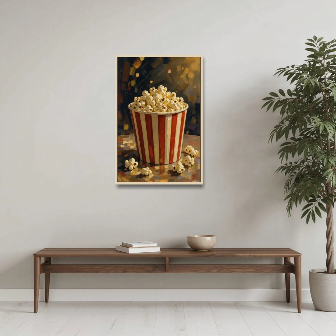 Popcorn Painting of a Striped Bucket Spilling Over - Oak Framed Canvas Wall Art - Coffee Table - 24x36