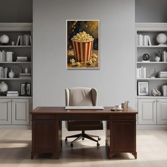 Popcorn Painting of a Striped Bucket Spilling Over - Oak Framed Canvas Wall Art - Office - 24x36
