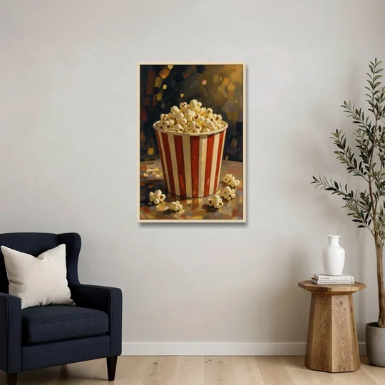 Popcorn Painting of a Striped Bucket Spilling Over - Oak Framed Canvas Wall Art - Sofa - 24x36