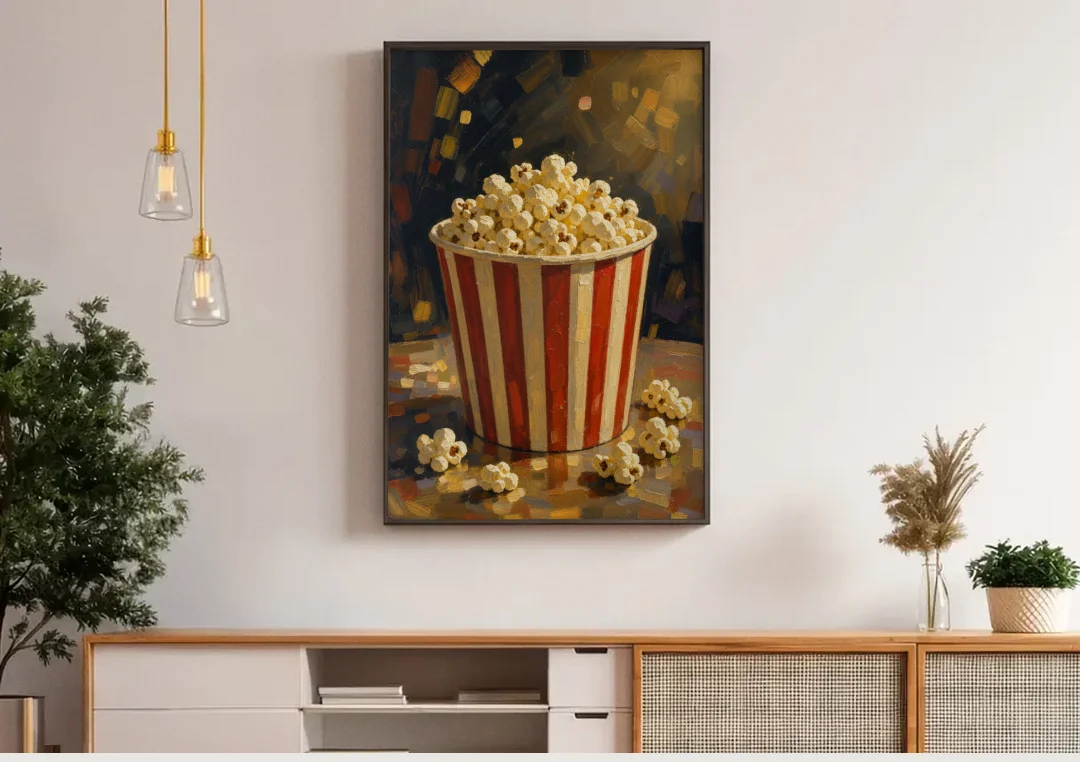 Popcorn Painting of a Striped Bucket Spilling Over canvas wall art above a wooden sideboard under pendant lights