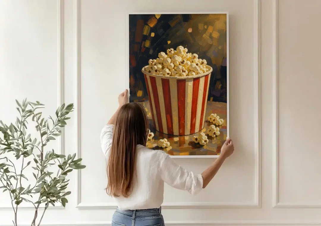 Popcorn Painting of a Striped Bucket Spilling Over canvas wall art being hung on a paneled wall