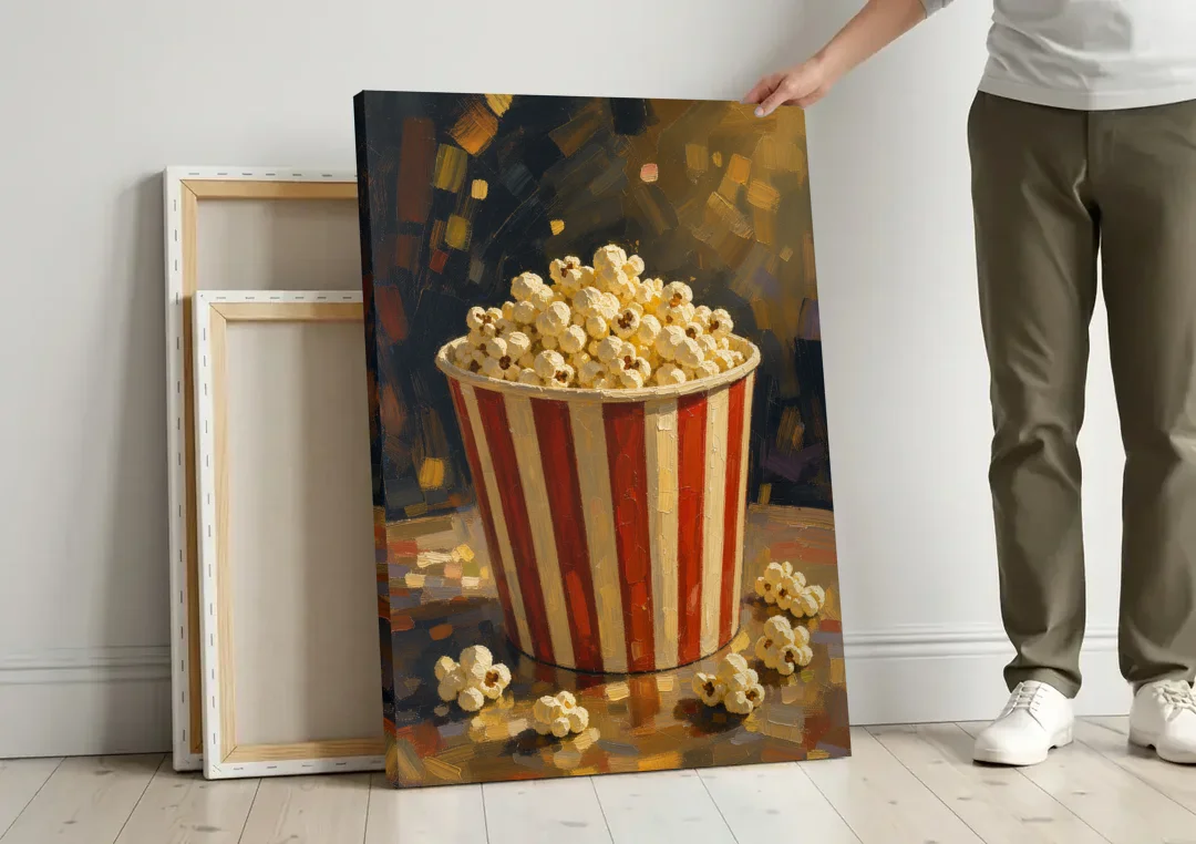 Popcorn Painting of a Striped Bucket Spilling Over canvas wall art leaning against a wall next to blank canvases