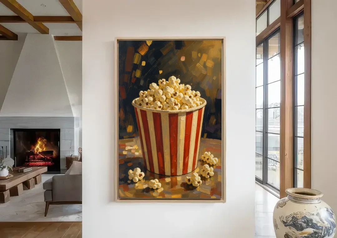 Popcorn Painting of a Striped Bucket Spilling Over canvas wall art in a living room with a fireplace