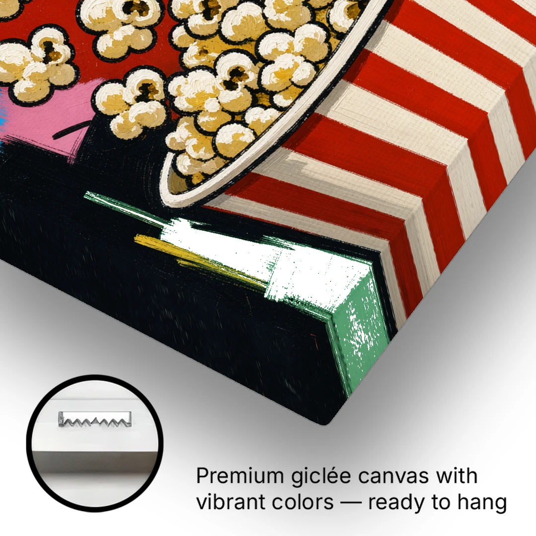 Popcorn Wall Art Bursting from a Striped Bucket - Canvas Wall Art - Gallery Wrap Corner