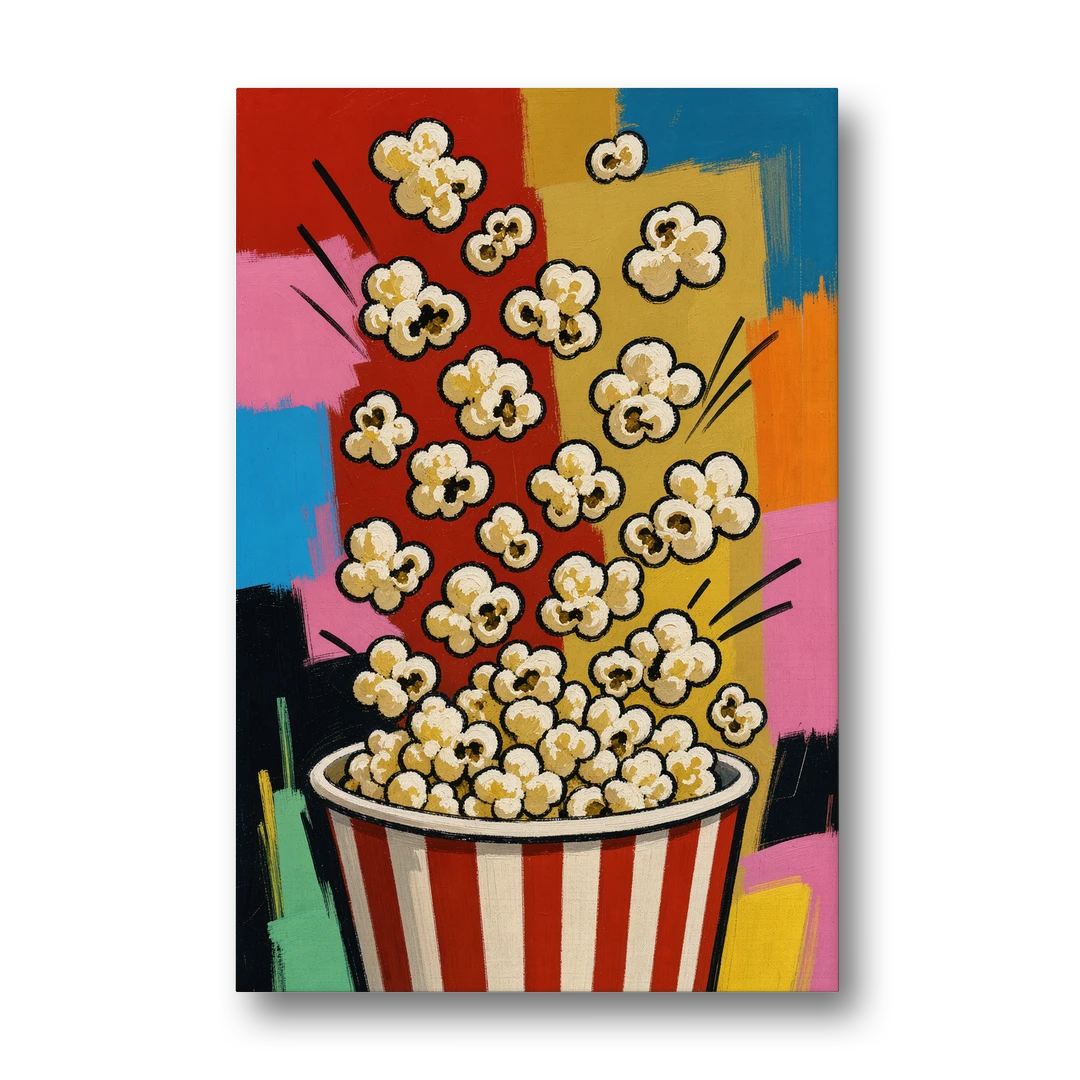 Popcorn Wall Art Bursting from a Striped Bucket - Canvas Wall Art - Front