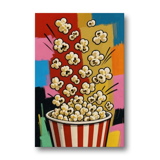 Popcorn Wall Art Bursting from a Striped Bucket - Canvas Wall Art - Front