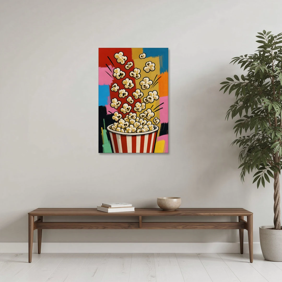 Popcorn Wall Art Bursting from a Striped Bucket - Canvas Wall Art - Coffee Table - 24x36
