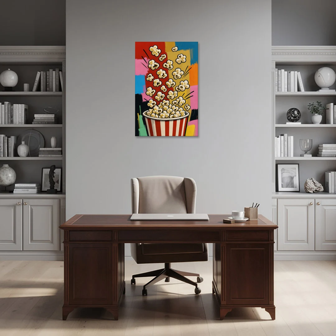 Popcorn Wall Art Bursting from a Striped Bucket - Canvas Wall Art - Office - 24x36