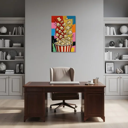 Popcorn Wall Art Bursting from a Striped Bucket - Canvas Wall Art - Office - 24x36