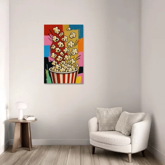 Popcorn Wall Art Bursting from a Striped Bucket - Canvas Wall Art - Sofa - 24x36