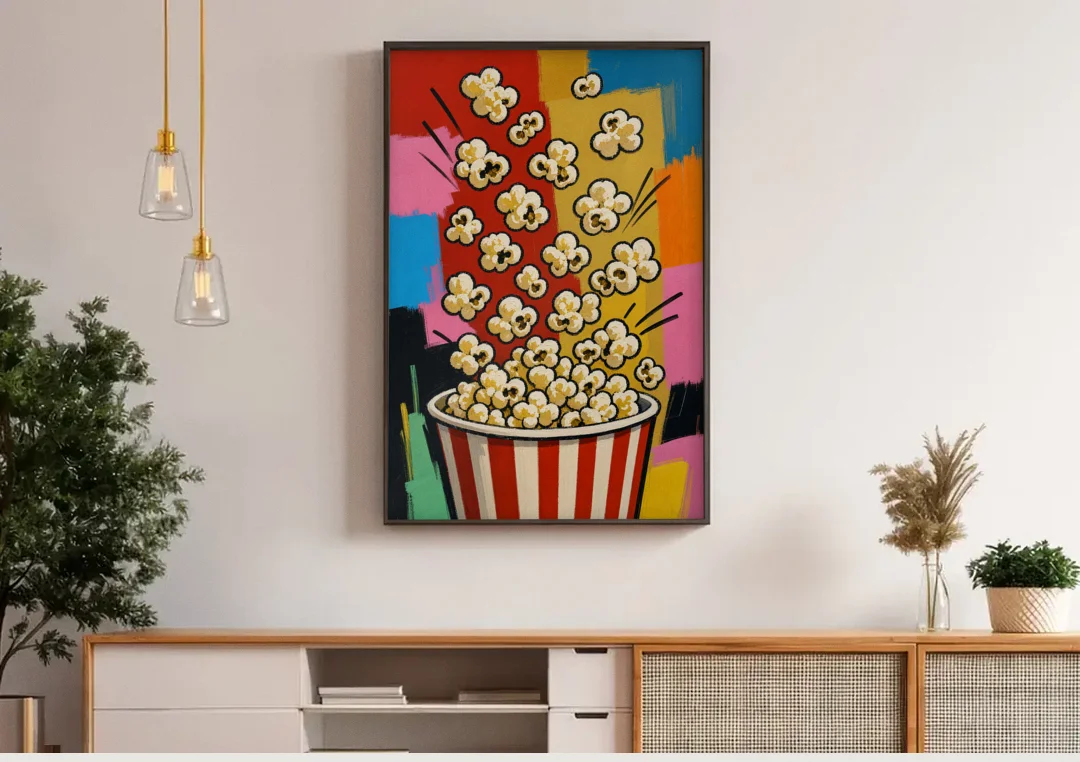 Popcorn Wall Art Bursting from a Striped Bucket canvas wall art above a wooden sideboard under pendant lights