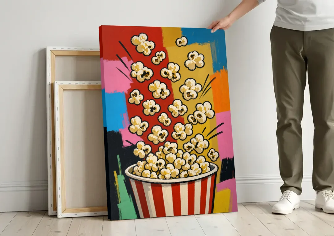 Popcorn Wall Art Bursting from a Striped Bucket canvas wall art leaning against a wall next to blank canvases