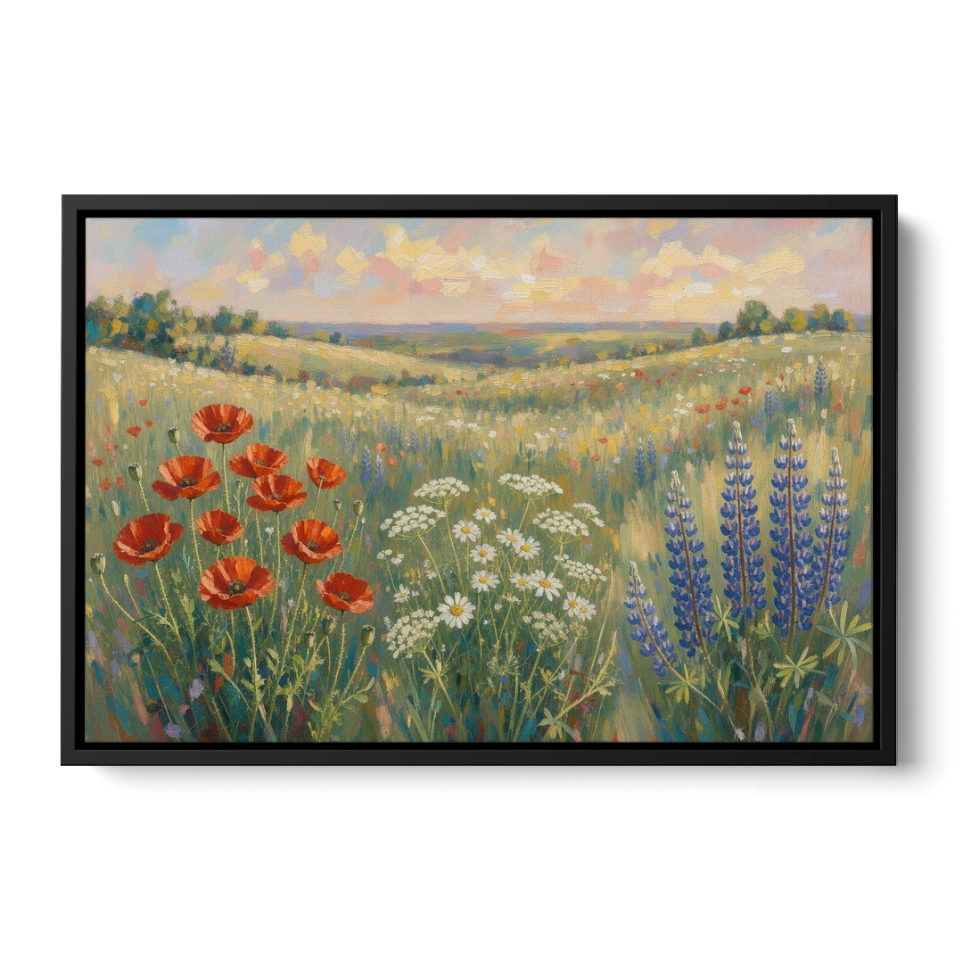 Poppy, Daisy and Lupine Meadow Panorama - Black Framed Canvas Wall Art - Front